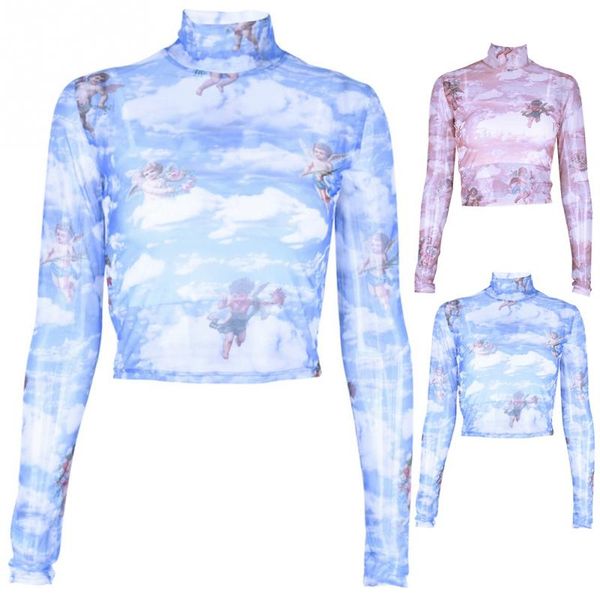 women print pattern long sleeve mesh t-shirt turtleneck crop tee shirt, White
women print pattern long sleeve mesh t-shirt turtleneck crop tee shirt, White