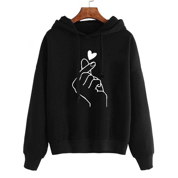 women's hooded drawstring long sleeve female pullovers sweatshirt kpop finger heart love pattern hooded sweatshirts, Black
women's hooded drawstring long sleeve female pullovers sweatshirt kpop finger heart love pattern hooded sweatshirts, Black