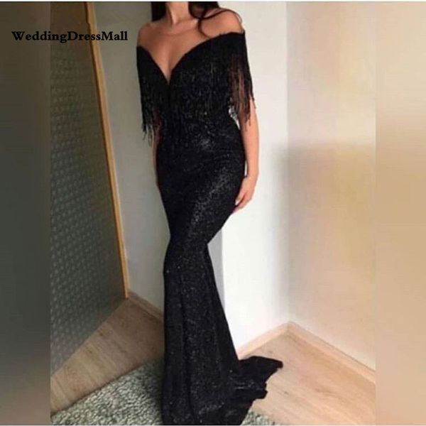 long glitter evening dresses mermaid black abendkleider saudi arabic prom gown with tassels, Black;red
long glitter evening dresses mermaid black abendkleider saudi arabic prom gown with tassels, Black;red