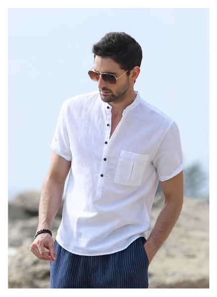 obrix cotton linen male light shirt casual short sleeve stand collar front pocket summer shirt for men, White;black