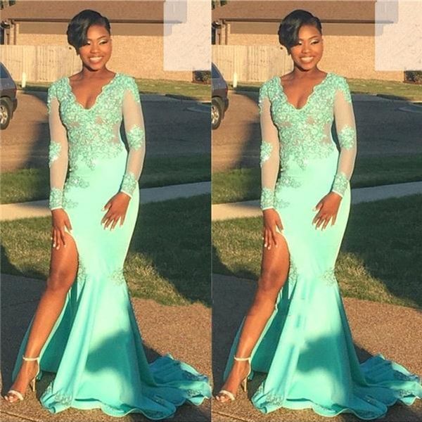 mermaid african green prom party dresses 2019 for black girl v neck mint green lace long sleeves prom dress high split evening gowns 
mermaid african green prom party dresses 2019 for black girl v neck mint green lace long sleeves prom dress high split evening gowns