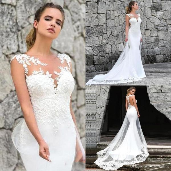new lace mermaid wedding dresses satin lace applique sheer neck see through back sweep train beach boho wedding dress bridal gowns, White