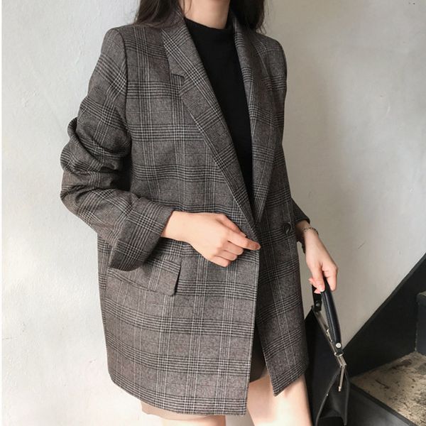 women's autumn vintage blazer jacket classic plaid print long sleeve woman blazers coat 2019 office lady casual outwear female, White;black
women's autumn vintage blazer jacket classic plaid print long sleeve woman blazers coat 2019 office lady casual outwear female, White;black