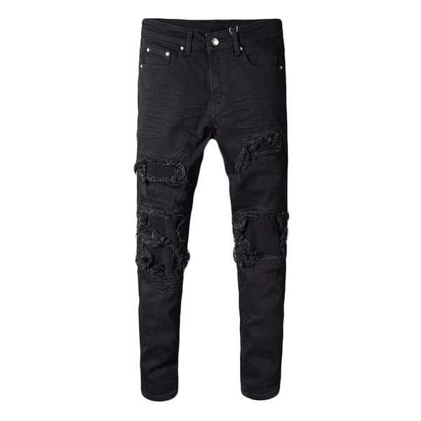 men's black patchwork stretch denim biker jeans for motorcycle slim fit skinny ripped pencil pants patch ripped streetwear pants, Blue
men's black patchwork stretch denim biker jeans for motorcycle slim fit skinny ripped pencil pants patch ripped streetwear pants, Blue