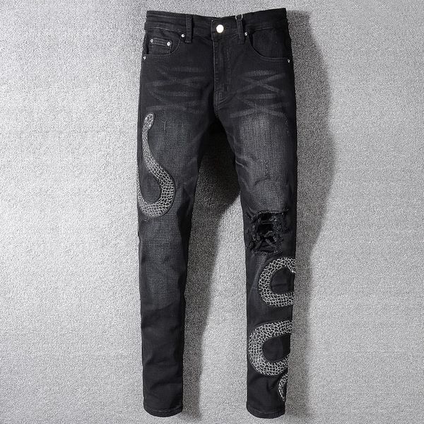 luxury snake broken patches leg fit style men's design jeans denim cotton embroidery slim men trousers mtape, Black
luxury snake broken patches leg fit style men's design jeans denim cotton embroidery slim men trousers mtape, Black