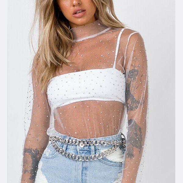 feminina women mesh sheer t shirt transparent turtleneck see through clothes summer female costume new 2019, White
feminina women mesh sheer t shirt transparent turtleneck see through clothes summer female costume new 2019, White