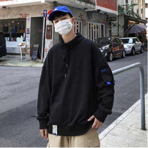 2019 autumn and winter men's new casual solid color pocket decoration high collar loose temperament trend cotton hoodies, Black
2019 autumn and winter men's new casual solid color pocket decoration high collar loose temperament trend cotton hoodies, Black