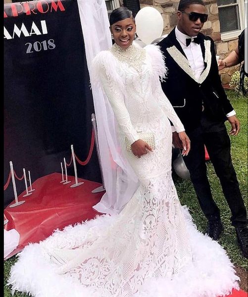 luxury white 2019 mermaid prom dresses high neck beaded long sleeves full lace with feathers formal evening party dresses, Black
luxury white 2019 mermaid prom dresses high neck beaded long sleeves full lace with feathers formal evening party dresses, Black