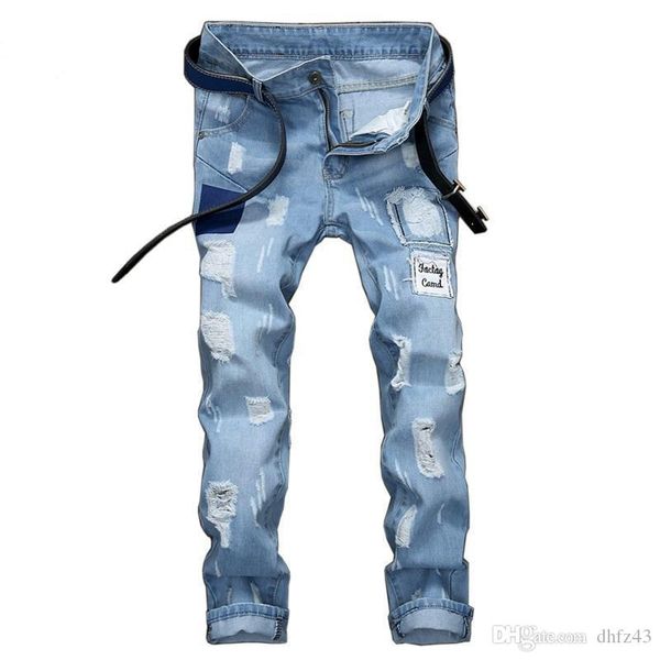 mens fashion casual straight ripped hole jeans slim fit straight beggar patch streetwear male denim pants, Blue
mens fashion casual straight ripped hole jeans slim fit straight beggar patch streetwear male denim pants, Blue