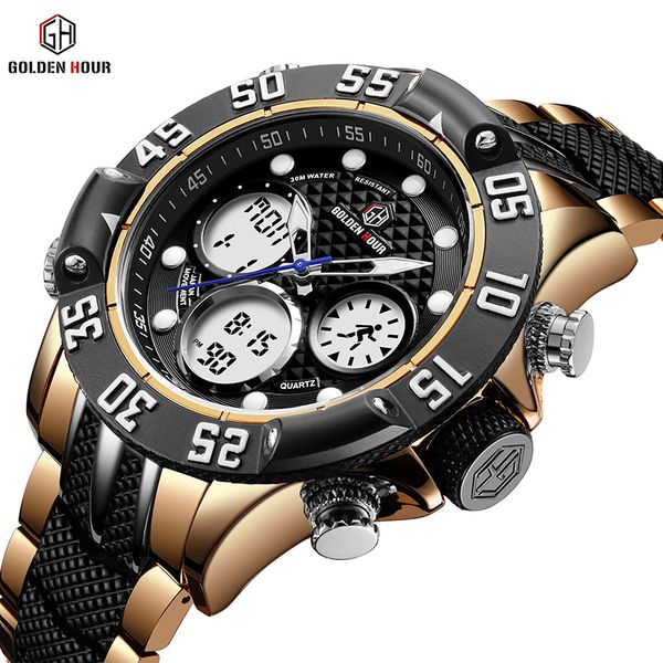 

brand goldenhour men fashion dual display quartz watch mens stainless steel waterproof wristwatches casual relogio masculino, Slivery;brown