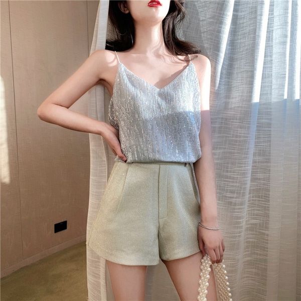 spaghetti strap bling sequins women's clothing sweet summer v-neck loose wide leg shorts suit women's sets, White
spaghetti strap bling sequins women's clothing sweet summer v-neck loose wide leg shorts suit women's sets, White
