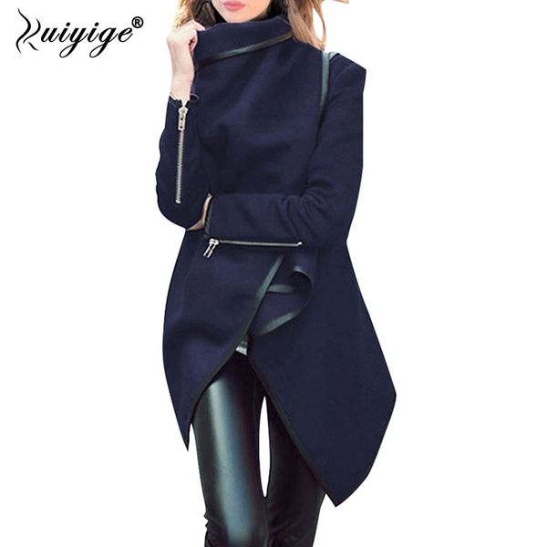 

ruiyige new women 2019 casacos femininos fashion autumn winter slim woolen blended overcoat outerwea irregular zipper sleeves, Black