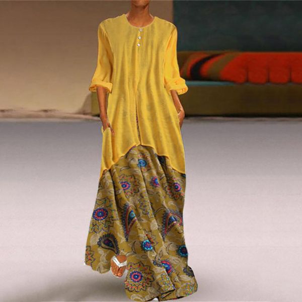 women summer dress vintage retro printed fake two-piece long sleeves o-neck party maxi dresses summer dress 2019 vestido, Black;gray
women summer dress vintage retro printed fake two-piece long sleeves o-neck party maxi dresses summer dress 2019 vestido, Black;gray