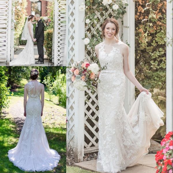 classic sleeveless lace mermaid wedding dress gorgeous jewel neck covered button sweep train garden robe de mariée with appliques, White 
classic sleeveless lace mermaid wedding dress gorgeous jewel neck covered button sweep train garden robe de mariée with appliques, White