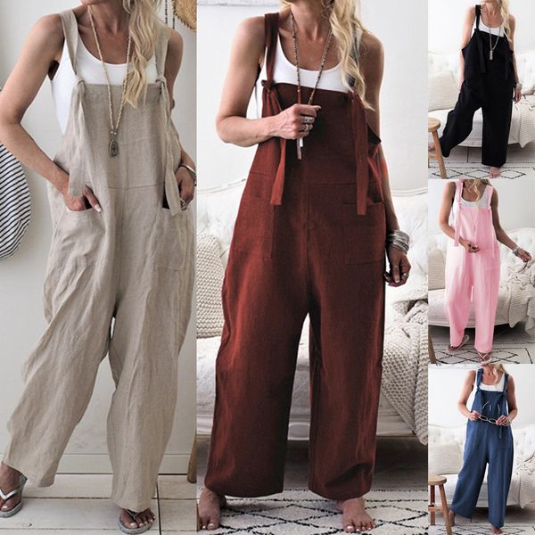 

new fashion summer women lady clubwear loose bodysuits cotton linen playsuit party jumpsuit romper long trouser overall, Black;white