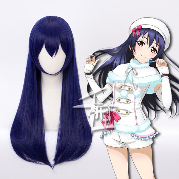 

love live sonoda umi long wig mixed dark blue cosplay wig + cap lovelive umi sonoda costume play heat resistant, Black