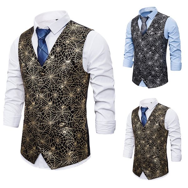 spring autumn men's spider web bronzing printed single-breasted v-neck business casual suit vest sleeveless jacket waistcoat, Black;white
spring autumn men's spider web bronzing printed single-breasted v-neck business casual suit vest sleeveless jacket waistcoat, Black;white