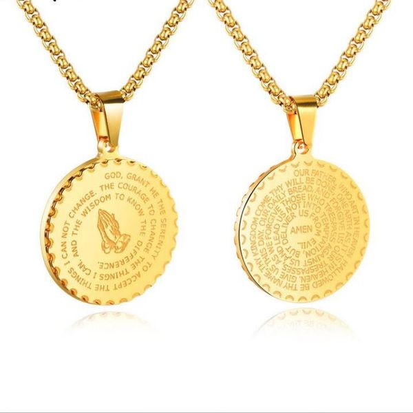 mens pendants necklaces stainless steel vintage jewelry gold/silver/black christian prayer hands round coin scripture necklace with chain
mens pendants necklaces stainless steel vintage jewelry gold/silver/black christian prayer hands round coin scripture necklace with chain