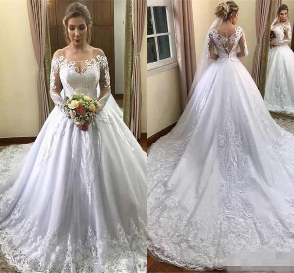 2020 long sleeves ballgown wedding dresses sheer scoop neck lace applique illusion back chapel train custom wedding gown, White
2020 long sleeves ballgown wedding dresses sheer scoop neck lace applique illusion back chapel train custom wedding gown, White