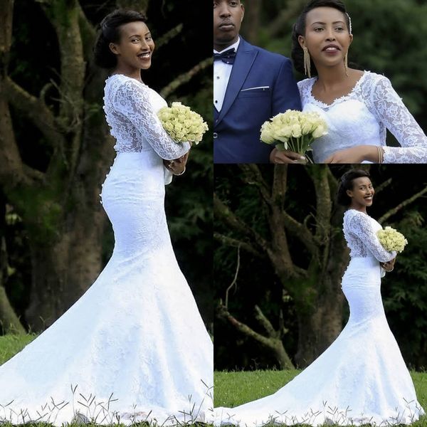 african long sleeves lace mermaid wedding dresses 2020 scoop neck ruched sweep train wedding bridal gowns robes de mariée with buttons, White
african long sleeves lace mermaid wedding dresses 2020 scoop neck ruched sweep train wedding bridal gowns robes de mariée with buttons, White