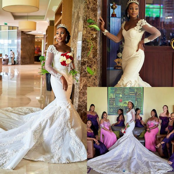 2019 new african mermaid wedding dresses v neck lace appliqued court train long sleeve beach wedding dress plus size country bridal gowns, White
2019 new african mermaid wedding dresses v neck lace appliqued court train long sleeve beach wedding dress plus size country bridal gowns, White