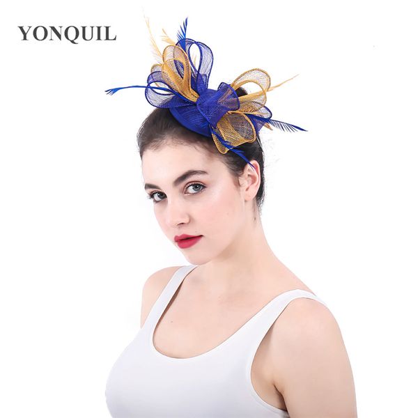 

royal blue and gold sinamay fascinator hair accessories wedding bridal hats with feather adorned cocktail hats party headwear