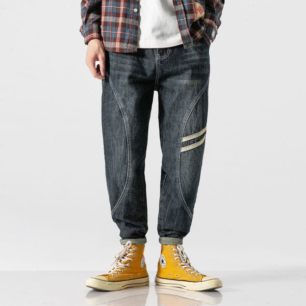 japanese style vintage men jeans white stripe printed denim cargo harem pants fashion streetwear hip hop jogger jeans, Blue
japanese style vintage men jeans white stripe printed denim cargo harem pants fashion streetwear hip hop jogger jeans, Blue