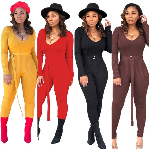 women jumpsuits rompers ribbed knitting skinny deep v neck long sleeve casual playsuits club overalls with belt, Black;white