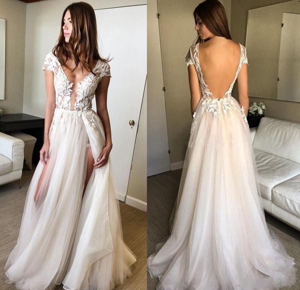 split tulle lace prom dresses v neck cap sleeves white champagne floor length backless evening gowns formal dresses hh4097, Black
split tulle lace prom dresses v neck cap sleeves white champagne floor length backless evening gowns formal dresses hh4097, Black