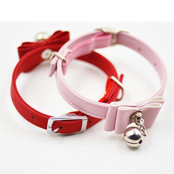 

puppy pet dog bowknot lead adjustable leather pu cat collars with bell necklace pup dog collars bow tie