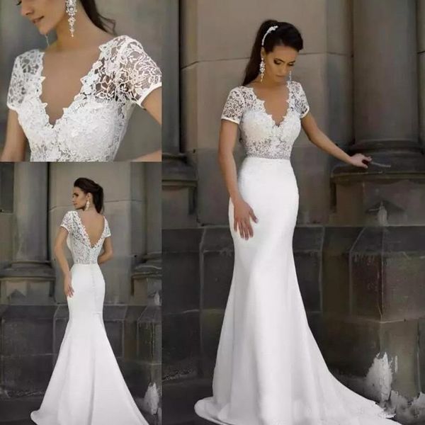 Glamorous V Neck Lace Mermaid Wedding Dresses See Through Short Sleeves Satin Backless Sweep Train Wedding Gowns with Beaded Sash
Glamorous V Neck Lace Mermaid Wedding Dresses See Through Short Sleeves Satin Backless Sweep Train Wedding Gowns with Beaded Sash