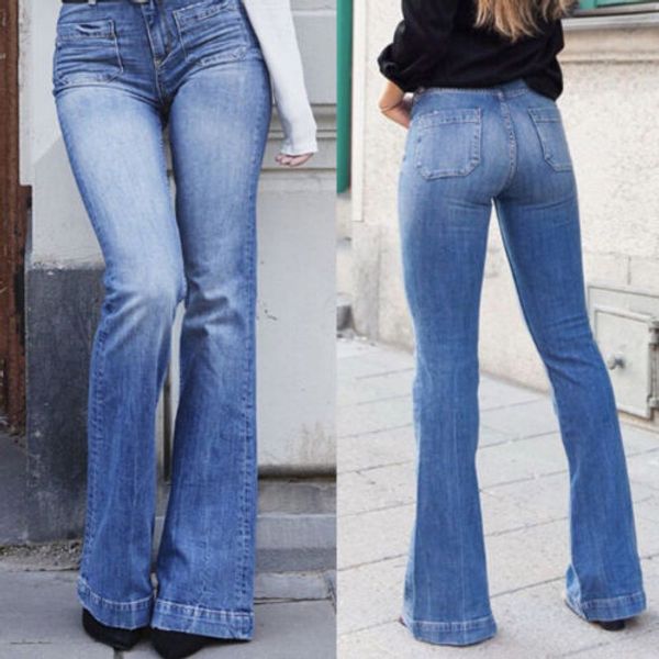 

women denim bootcut jeans stretch wide leg denim pants flare bell bottom female, Blue