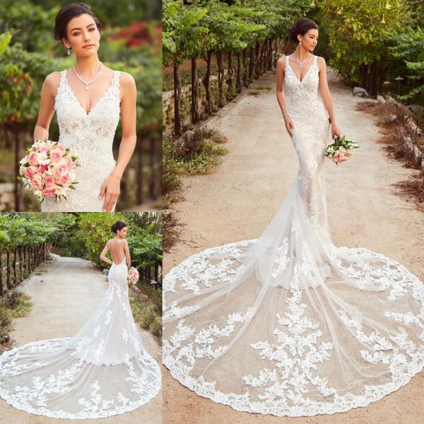 

stunning mermaid lace backless wedding dresses v neck bridal gowns court train trumpet plus size robe de mariÃ©e, White