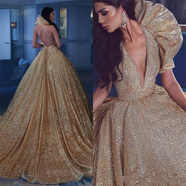 New Arabic Backless Ball Gown Prom Dresses Berta Gold Sequined Evening Dress V Neck Cheap Formal Red Carpet Dress
New Arabic Backless Ball Gown Prom Dresses Berta Gold Sequined Evening Dress V Neck Cheap Formal Red Carpet Dress
