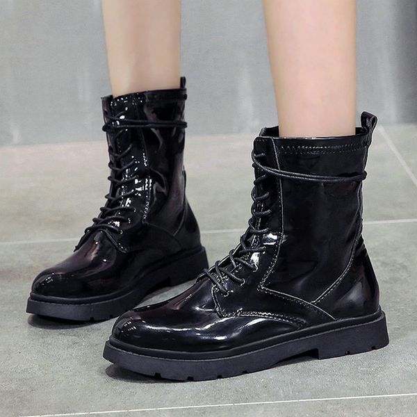 size 35-50 nice ankle rain boots women autumn super cool locomotive shoes woman flat heels college girls bright leather boot, Black 
size 35-50 nice ankle rain boots women autumn super cool locomotive shoes woman flat heels college girls bright leather boot, Black