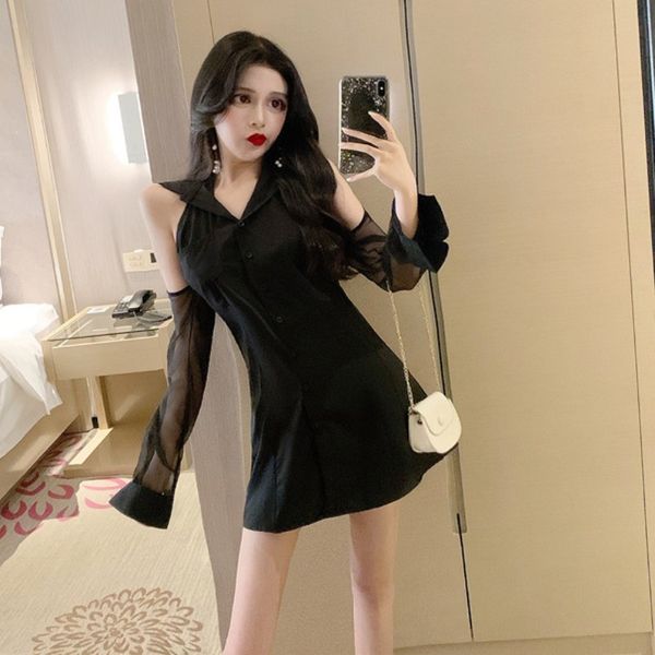 women dressises 2020 new fashion hepburn style small black dress female off-shoulder lapel slim slimming shirt dress tide, White;black
women dressises 2020 new fashion hepburn style small black dress female off-shoulder lapel slim slimming shirt dress tide, White;black