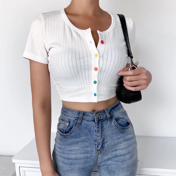 summer casual t shirt women ladies colorful buttons cardigan tee fashion short sleeve ribbed knit slim sweet crop, White
summer casual t shirt women ladies colorful buttons cardigan tee fashion short sleeve ribbed knit slim sweet crop, White