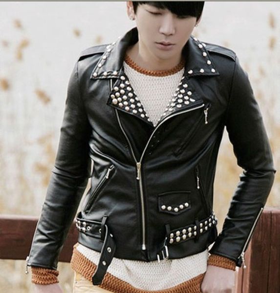 2019 new korean version of the men slim short punk rivet leather jackets tide men's motorcycle leather jacket singer costume, Black
2019 new korean version of the men slim short punk rivet leather jackets tide men's motorcycle leather jacket singer costume, Black
