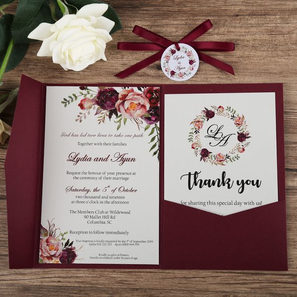 100pcs wedding invitations blue pocket burgundy greeting cards with envelope customized party with ribbon and tag
100pcs wedding invitations blue pocket burgundy greeting cards with envelope customized party with ribbon and tag