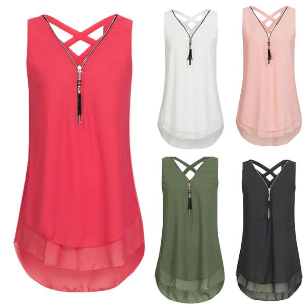 women loose sleeveless tank cross back hem layed zipper v-neck t shirts, Black;white
women loose sleeveless tank cross back hem layed zipper v-neck t shirts, Black;white