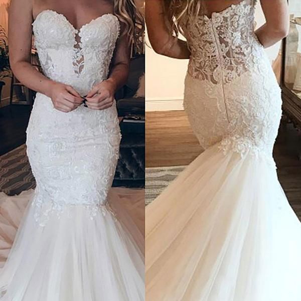 arabic strapless sweetheart lace appliqued sequined mermaid wedding dresses with tulle sweep train custom made bridal gowns with zipper back, White
arabic strapless sweetheart lace appliqued sequined mermaid wedding dresses with tulle sweep train custom made bridal gowns with zipper back, White