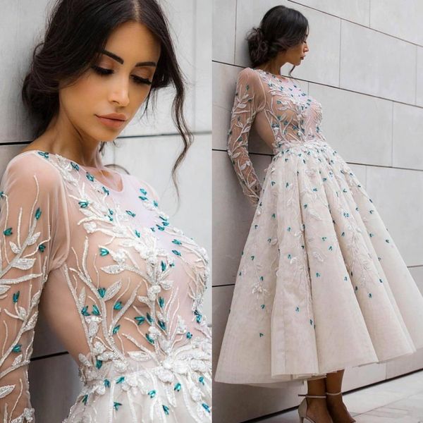 stylish beaded long sleeves prom dresses sheer jewel neck appliqued backless formal dress tea length tulle evening gowns, Black
stylish beaded long sleeves prom dresses sheer jewel neck appliqued backless formal dress tea length tulle evening gowns, Black