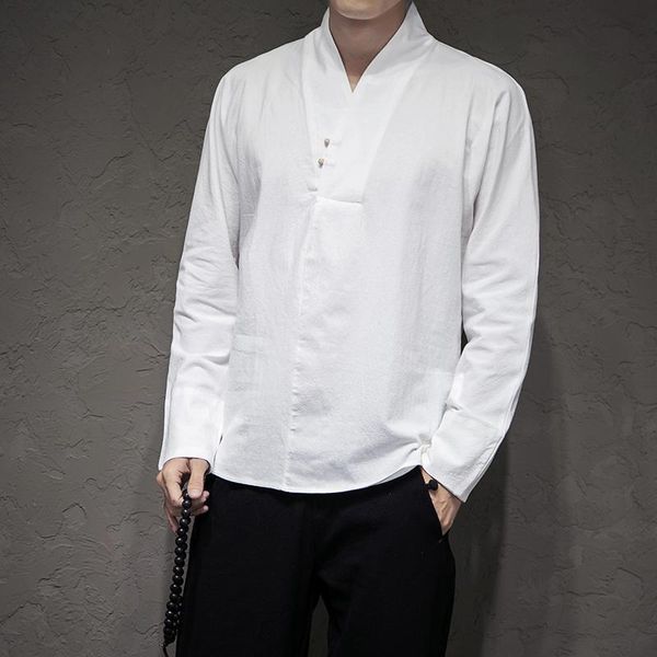 v- collar linen shirts long sleeve slim fit traditional chinese casual shirt brand summer fashion clothing plus size blouse men, White;black 
v- collar linen shirts long sleeve slim fit traditional chinese casual shirt brand summer fashion clothing plus size blouse men, White;black
