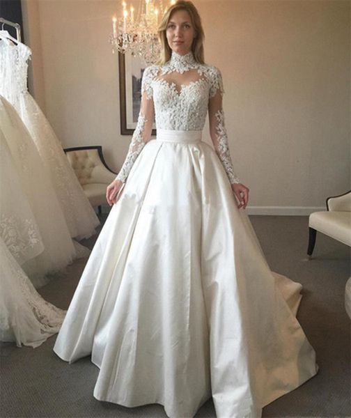 high neck long sleeve wedding dresses sweep train sheer neck bead satin bridal gowns tiered ruffles customize wedding dress, White
high neck long sleeve wedding dresses sweep train sheer neck bead satin bridal gowns tiered ruffles customize wedding dress, White