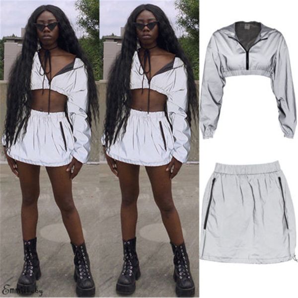 fashion women suits autumn reflective zipper hooded long sleeve crop lady clothing set reflective hoodies mini pencil skirts, White
fashion women suits autumn reflective zipper hooded long sleeve crop lady clothing set reflective hoodies mini pencil skirts, White