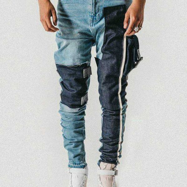 men's trousers casual stitching washed strapped pocket distressed jeans slim tapered biker jeans hip hop streetwear, Blue
men's trousers casual stitching washed strapped pocket distressed jeans slim tapered biker jeans hip hop streetwear, Blue