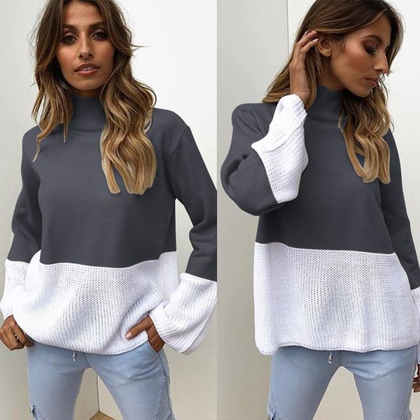 women's sweater 2019 winter new women's two-color stitching high-neck pullover wild women's sweater cashmere knit bottoming s, White
women's sweater 2019 winter new women's two-color stitching high-neck pullover wild women's sweater cashmere knit bottoming s, White