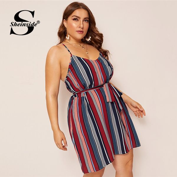 

sheinside plus size stripe print cami dress women 2019 summer sleeveless high waist belted dresses ladies back criss-cross dress, Black;gray