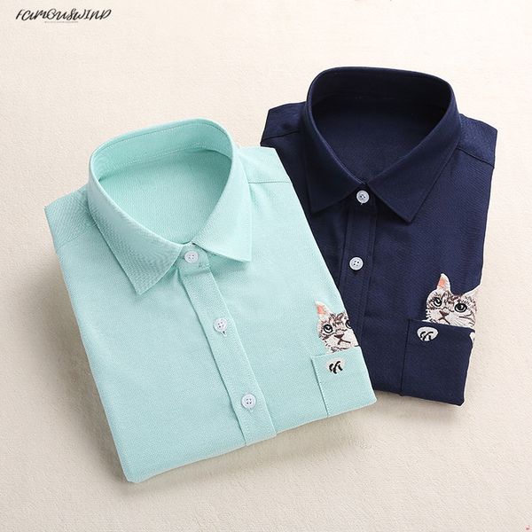 school women shirt white blue ladies blouses long sleeve office female solid shirt pocket with cat embroidery
school women shirt white blue ladies blouses long sleeve office female solid shirt pocket with cat embroidery