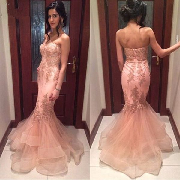 2019 new design sweetheart pink mermaid prom dresses lace appliques organza tiered sweep train formal gowns open back evening wear, Black
2019 new design sweetheart pink mermaid prom dresses lace appliques organza tiered sweep train formal gowns open back evening wear, Black